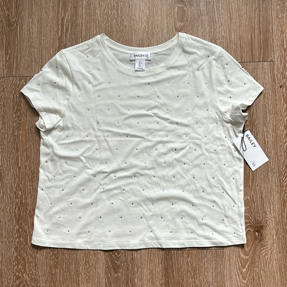 New! Bailey 44 white rhinestone cotton t shirt, large